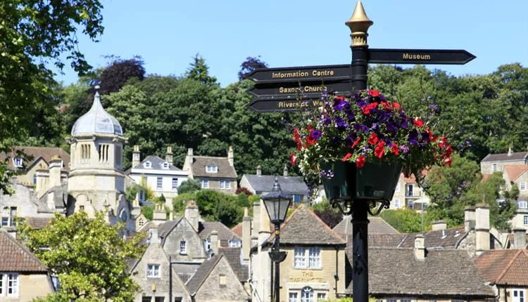 Picturesque view of Bradford-on-Avon with its historic buildings